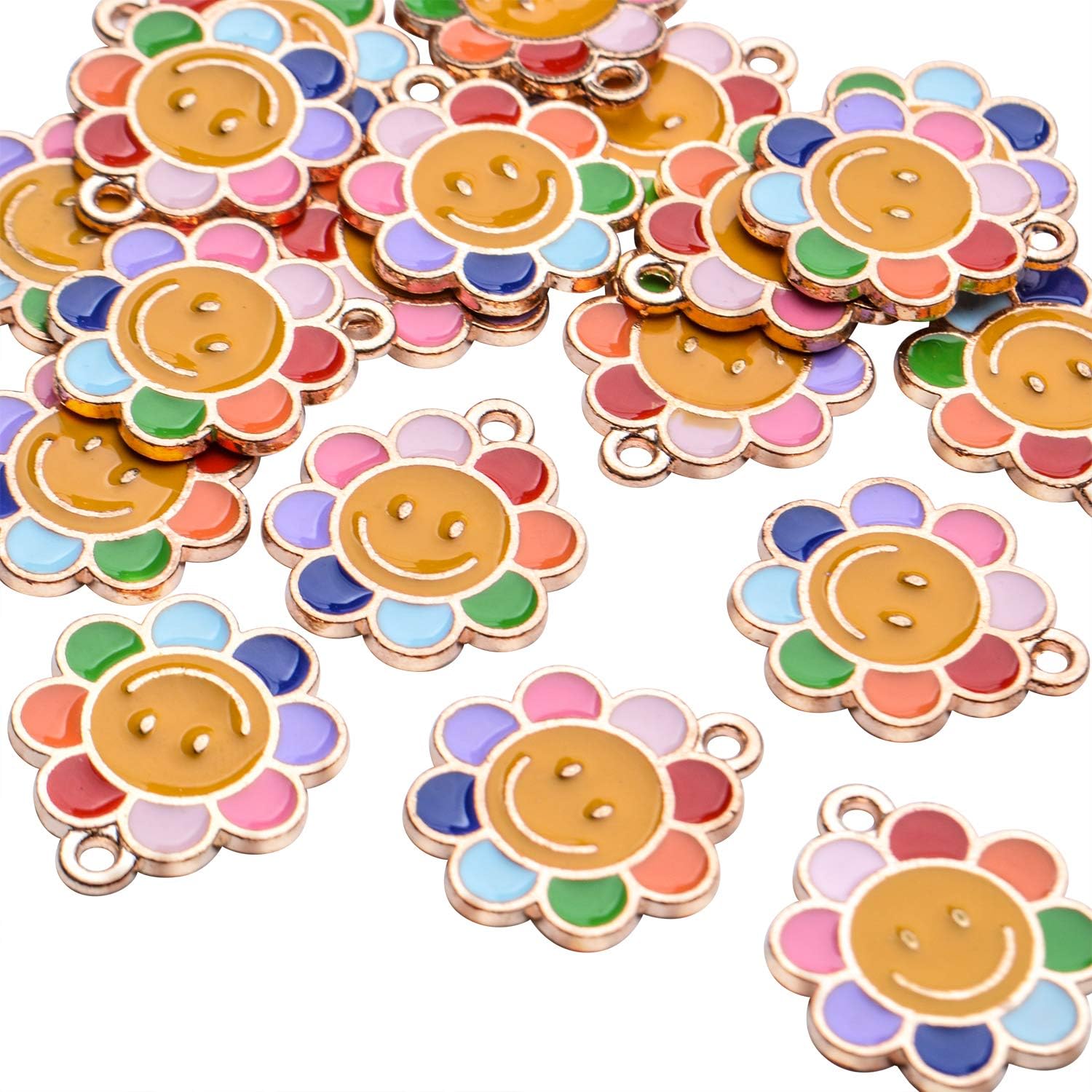 Aylifu Abalorios de flores esmaltadas, 20 piezas de margaritas con cara sonriente de margaritas, dijes de flores esmaltadas coloridas para