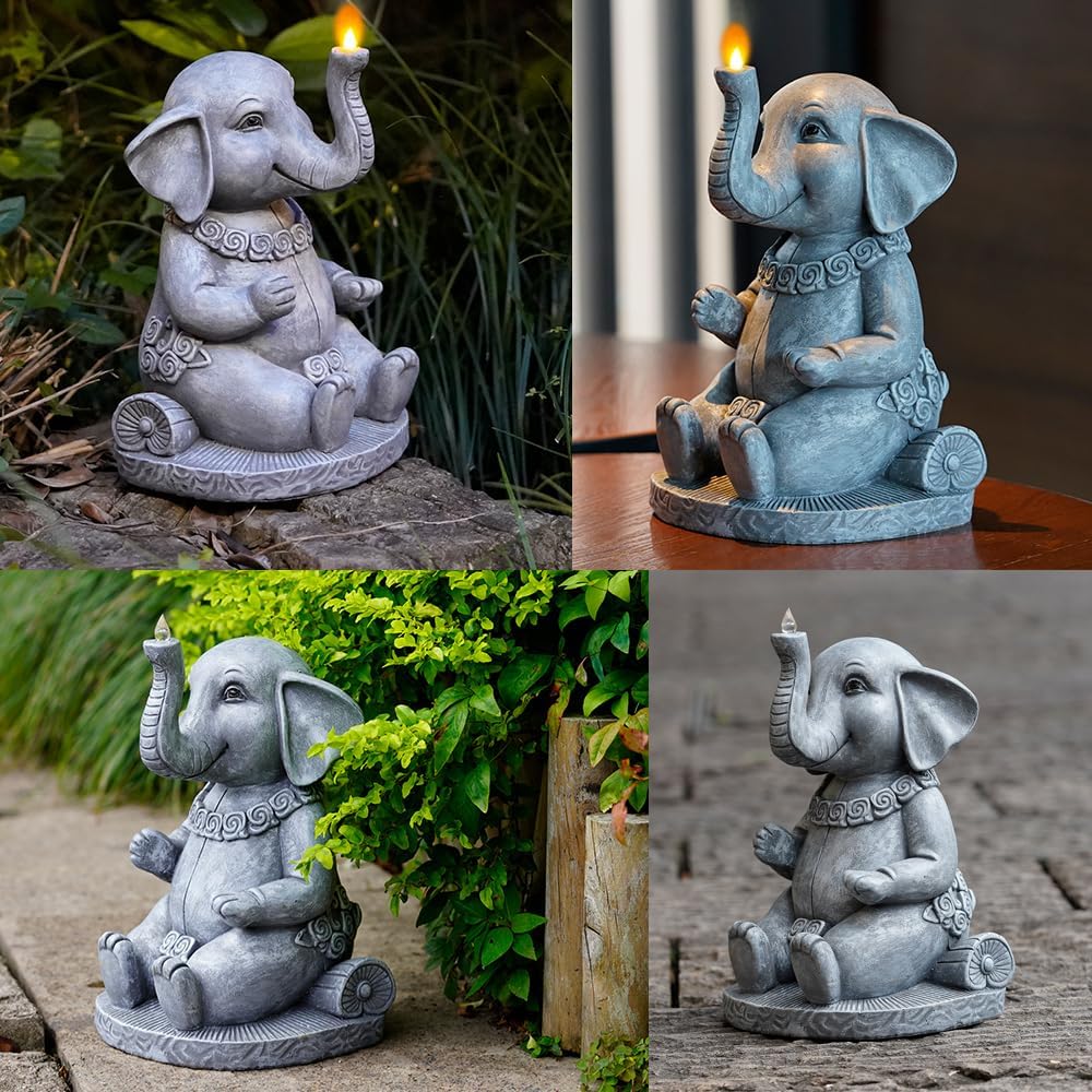 Estatua de elefante, decoración de jardín, escultura solar de jardín grande, figuras de elefante de 10.5 pulgadas, estatuas de jardín para patio