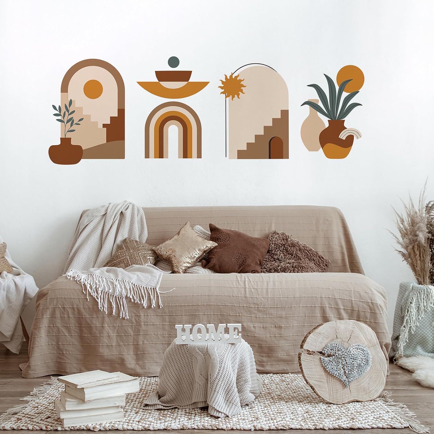 3 calcomanías de pared con arco bohemio, estilo bohemio, arte de pared para sala de estar y dormitorio, calcomanías de sol y luna y montaña (estilo
