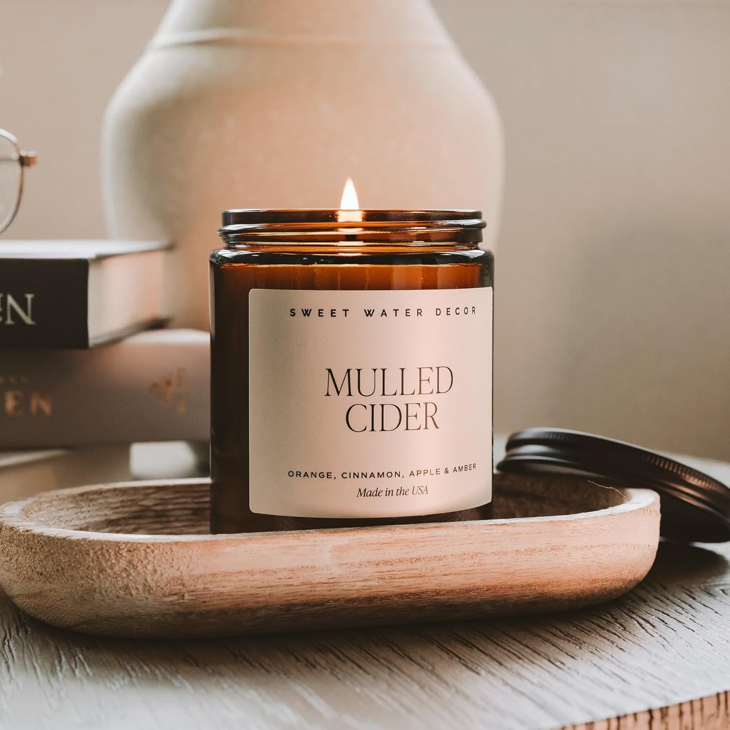 Sweet Water Decor Mulled Cider Soy Candle  Apple, Orange, Cinnamon, Cranberry, and Cedar Scented Candles for Home  9oz Amber Jar + Black Lid, 40+