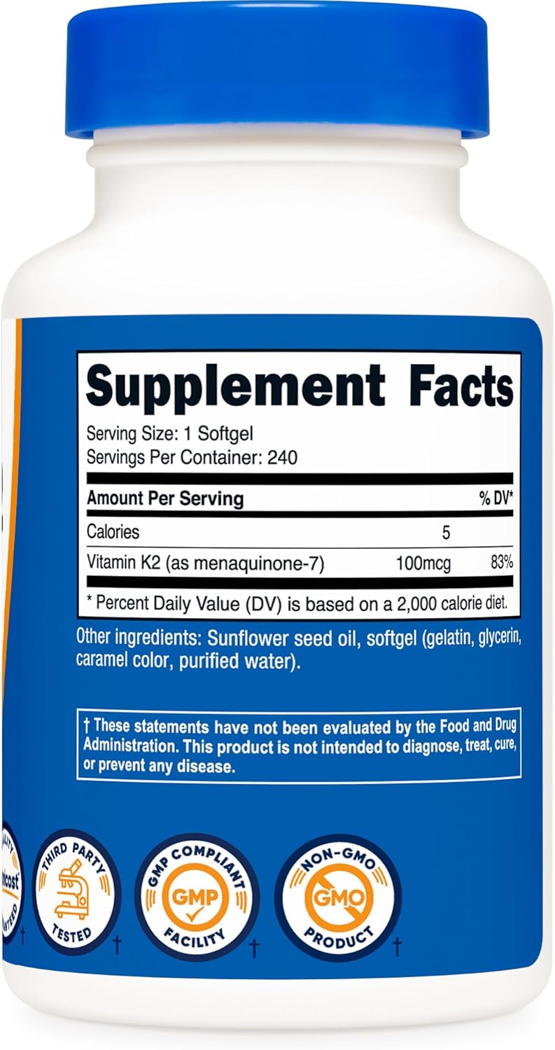 Nutricost Vitamina K2 MK-7 100 mcg 240 cápsulas blandas sin gluten y sin OMG MK7 - Imagen 6