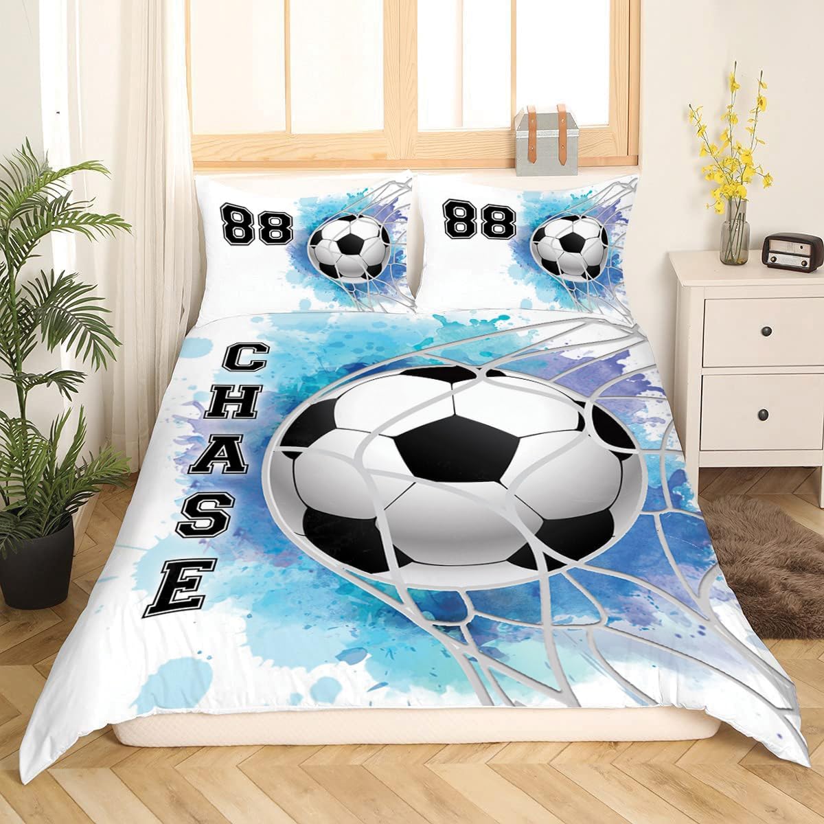 Juego de ropa de cama personalizado con tu nombre, juego de ropa de cama matrimonial de fútbol de 34 piezas, ropa de cama de fútbol tamaño King,