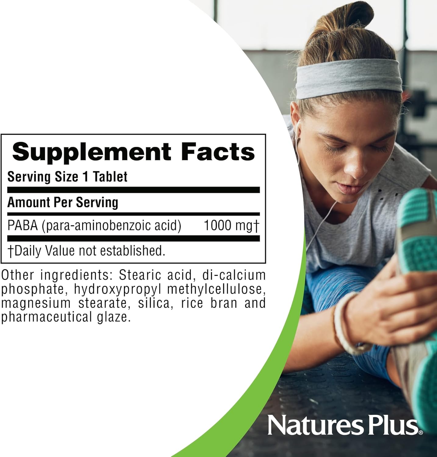 NaturesPlus PABA, liberación sostenida (ácido para-aminobenzoico) – 1000 mg, 60 tabletas vegetarianas – Suplemento de apoyo para la salud de la