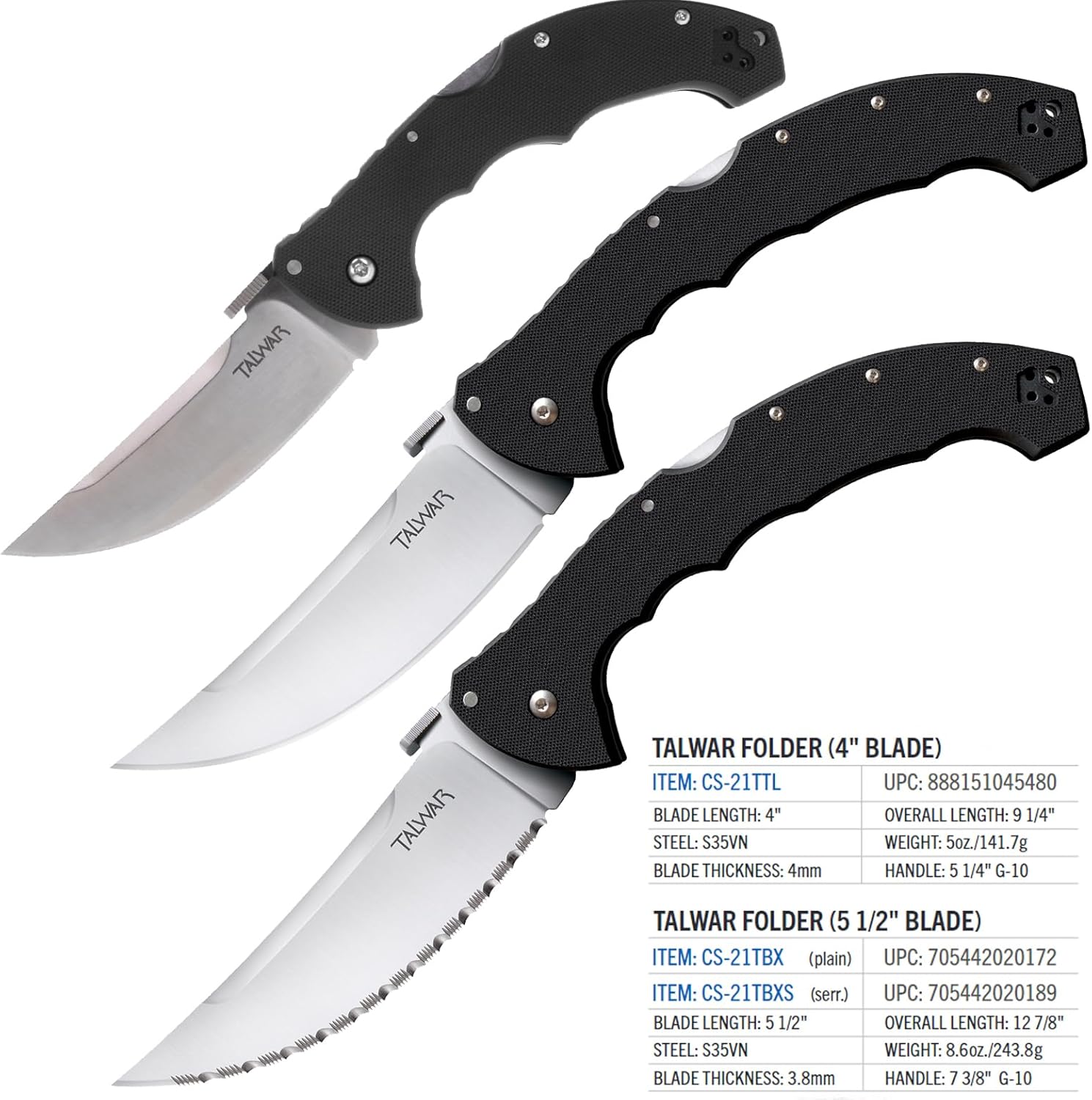 Cold Steel Talwar S35VN – Cuchillo plegable de bolsillo táctico con mango G10 de acero ultra afilado con mecanismo de bloqueo Tri-Ad