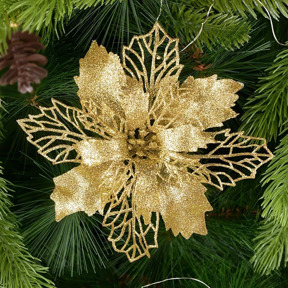 10 flores artificiales de Navidad de flor de pascua, lentejuelas con purpurina, adornos para árbol de Navidad, decoraciones de flor de pascua para