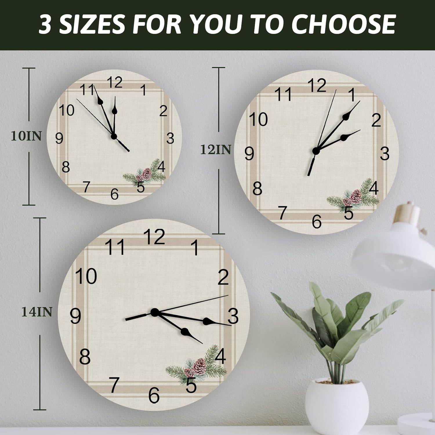 Reloj de pared de 12 pulgadas, silencioso sin tictac, funciona con pilas, conos de pino retro de granja de Navidad con esfera de números redondos