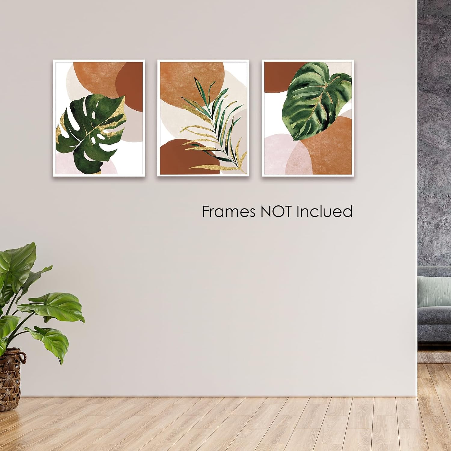 3 piezas de arte bohemio para pared con hojas de palmera tropicales, sin marco, impresiones minimalistas modernas de mediados de siglo, obras de