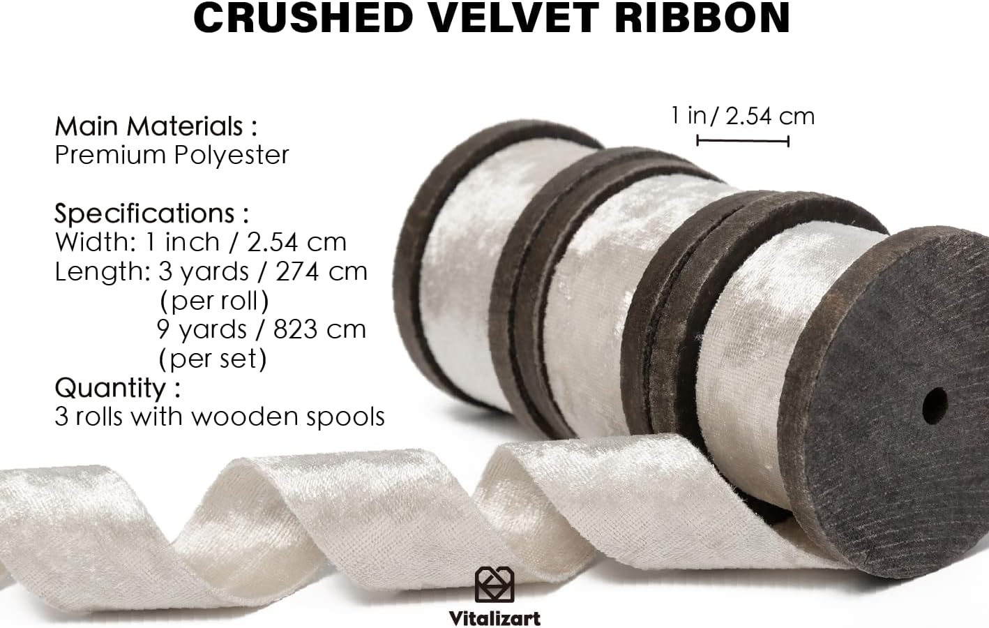 Vitalizart Juego de cintas de terciopelo de 1 pulgada x 9 yardas, carrete de madera de lujo blanco, cintas de terciopelo de doble cara para árbol de