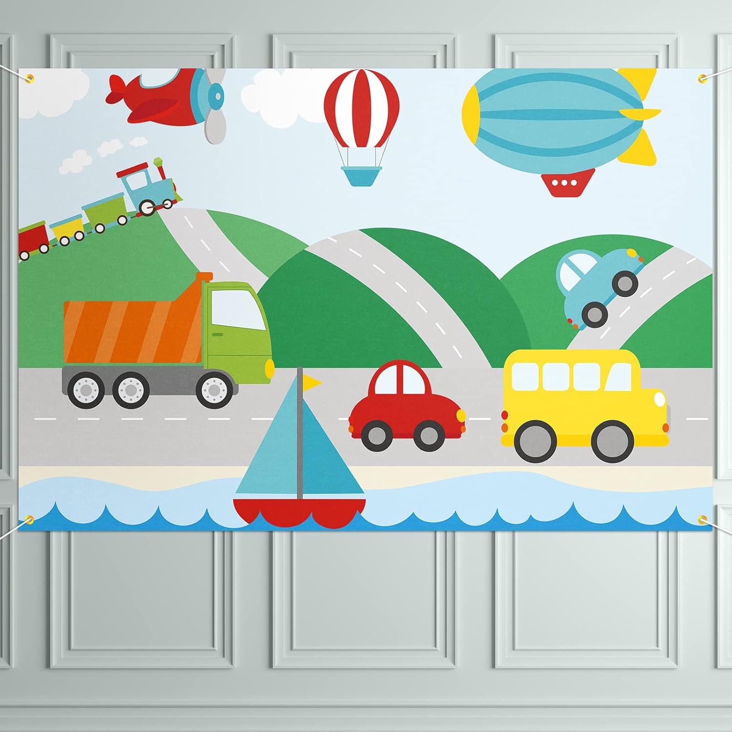 Decoración colorida de telón de fondo con temática de transporte, avión, tren, coche, autobús, fiesta de cumpleaños, decoraciones temáticas para