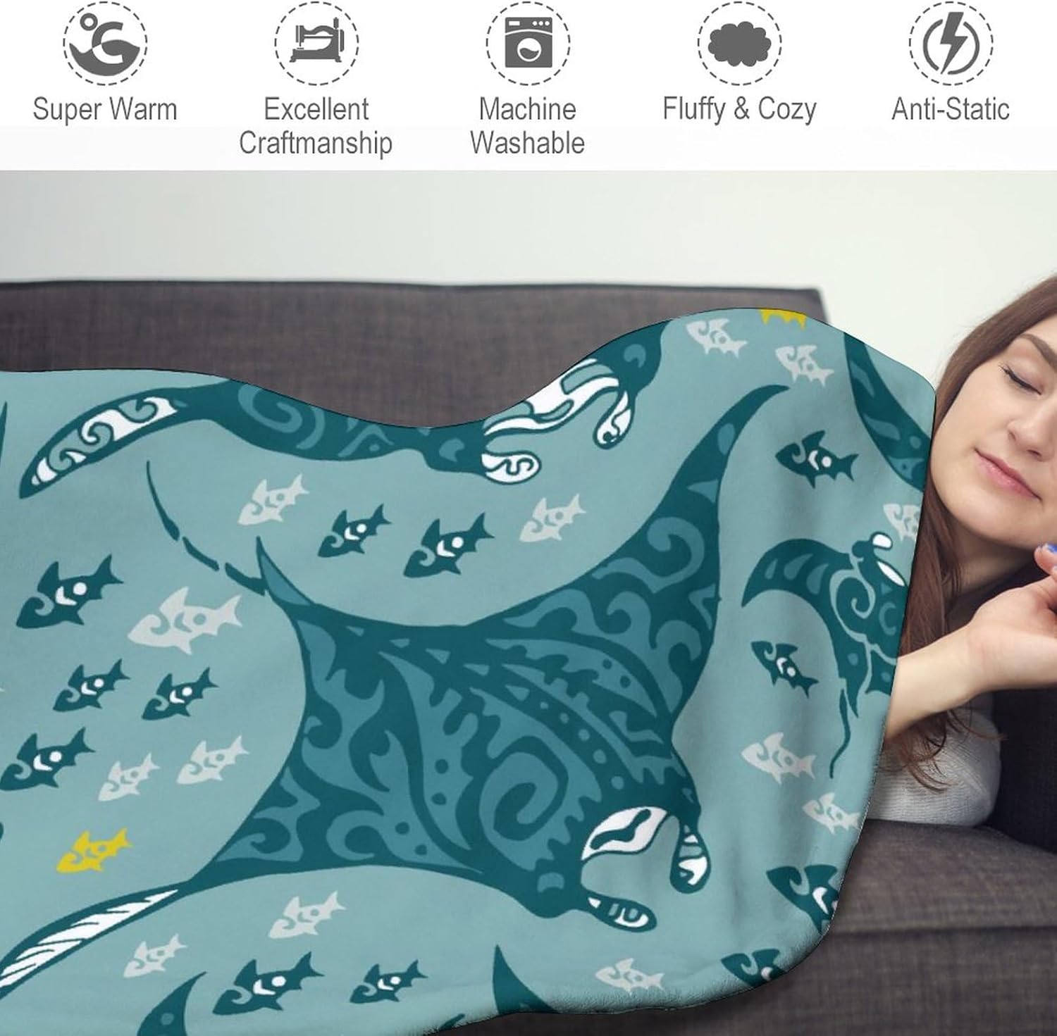 Sea Depth Manta redonda con diseño de peces y rayas para sofá, cama, manta decorativa estética para viajes, camping, manta cómoda, 60 pulgadas