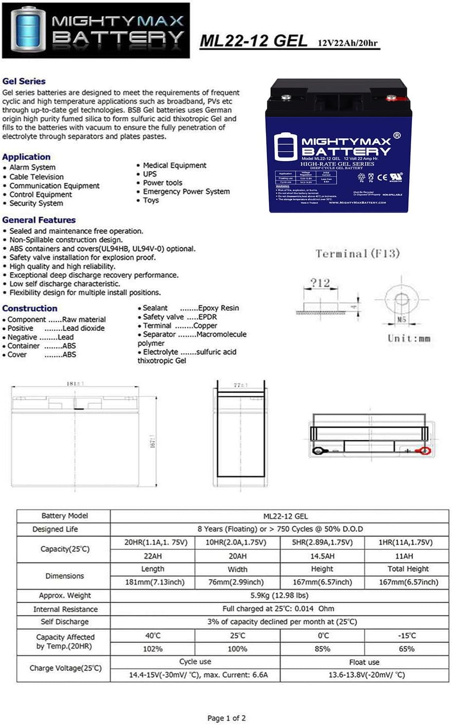 Batería de gel de repuesto de 12V 22AH para Kung Long WP22-12NE, paquete de 2
