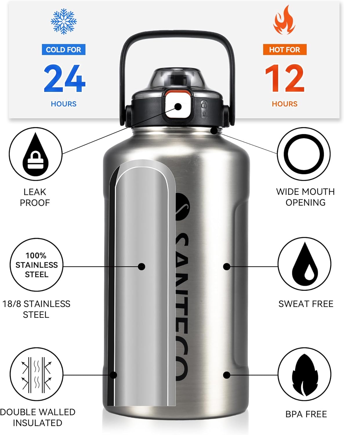 SANTECO Botella de agua de medio galón aislada al vacío de 64 onzas  Frascos al vacío con popote y tapas de boquilla 2 en 1 y asa, jarra de agua de