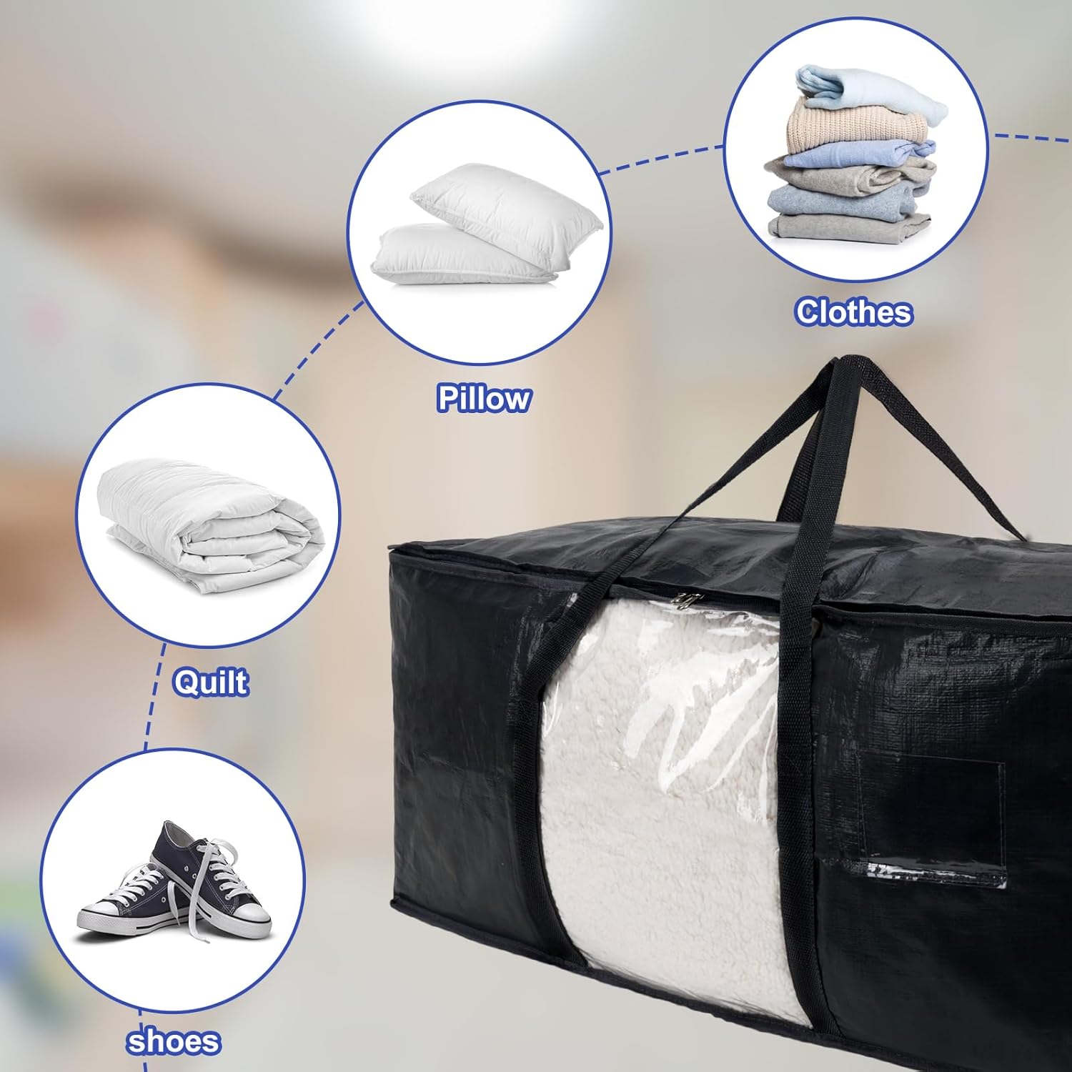 Fixwal Bolsas de mudanza resistentes, paquete de 6, 93 L, color negro, bolsas de almacenamiento con asas resistentes y ventana visible, ahorro de