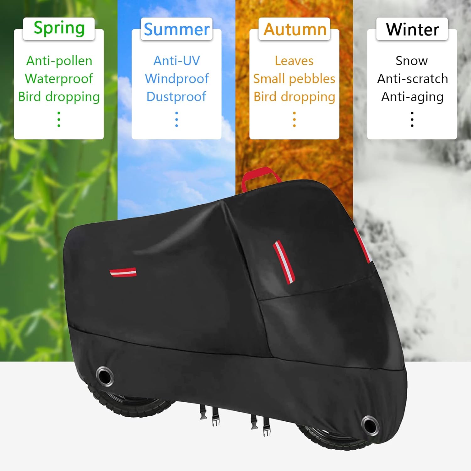 Funda para motocicleta resistente 300D, resistente al agua, para todas las estaciones, con 2 agujeros de bloqueo y 4 tiras reflectantes, se adapta a