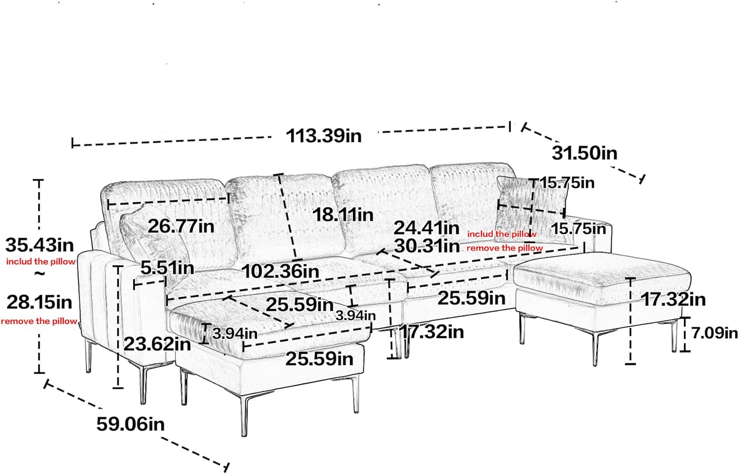 Sofá modular en forma de U con 2 almohadas y 2 otomanas, juego de sofá de tela de terciopelo de 6 asientos, sofá modular tapizado para sala de estar
