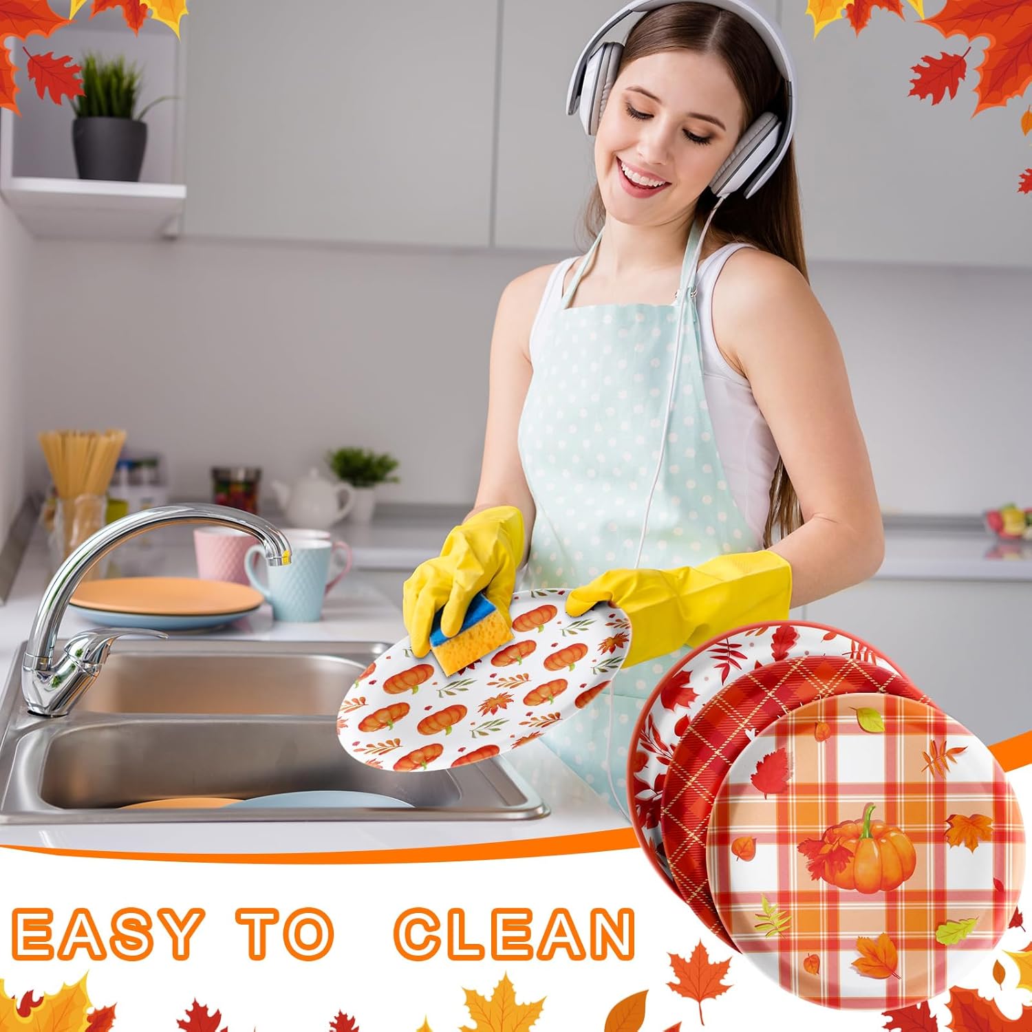 12 platos de postre de otoño, hojas de otoño, platos de calabazas, platos reutilizables de plástico para otoño, para fiesta de Acción de Gracias,