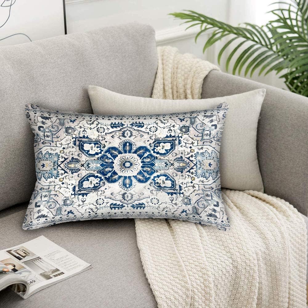 Snycler Juego de 2 fundas de almohada de estilo bohemio azul con patrón étnico de lino, alfombra persa, patrón tribal, funda de cojín de 12 x 20