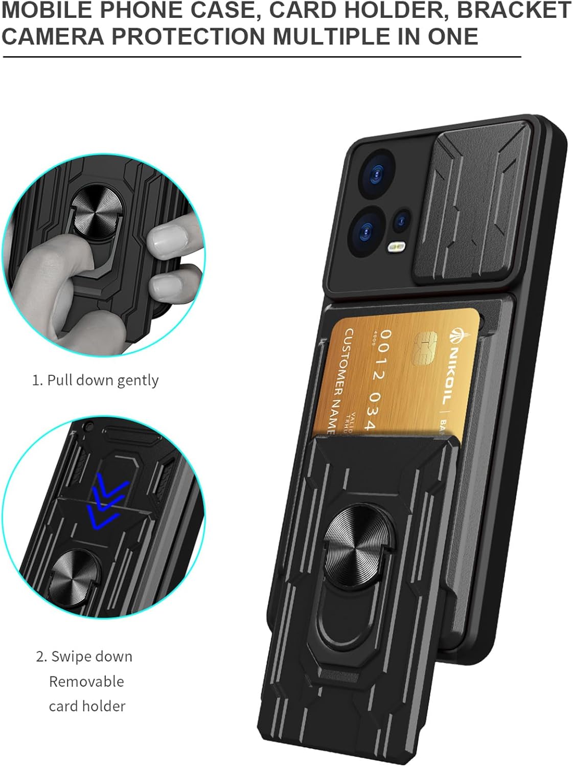 Compatible con Motorola Edge 30 Fusion 5G para hombres, cubierta de lente de cámara deslizante tarjetero extraíble con anillo giratorio para montaje