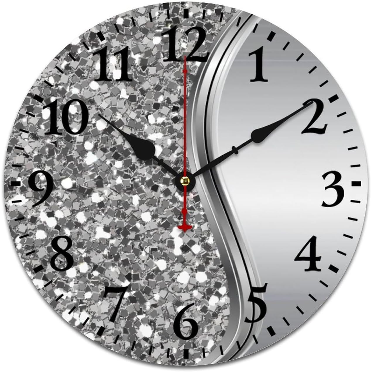 Reloj de pared, reloj de pared plateado con purpurina sintética, funciona con pilas, silencioso, sin tictac, relojes redondos de madera decorativos