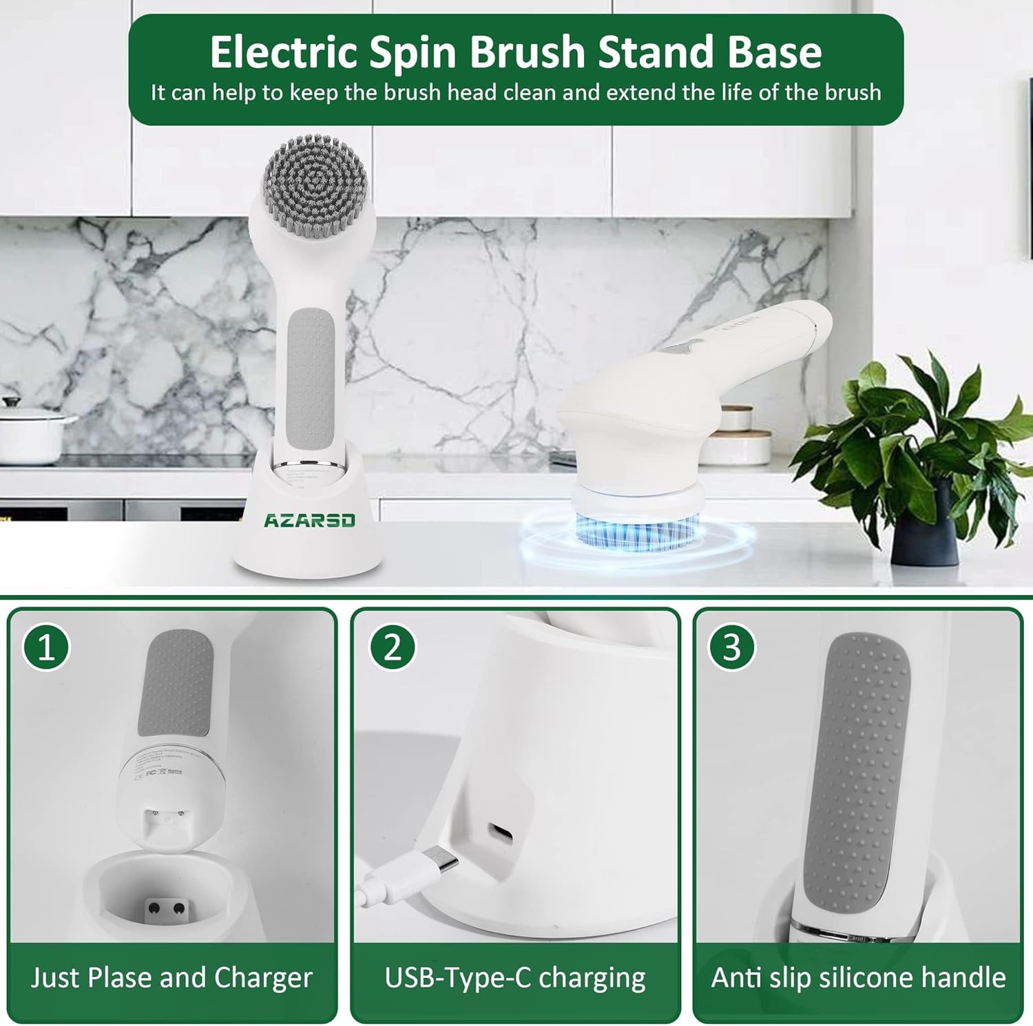 Electric Spin Scrubber with Charging Base-3Speeds, AzaRsd Shower Scrubber with Powerful Motor and 5 Replaceable Brush Heads, Rechargeable Cleaning