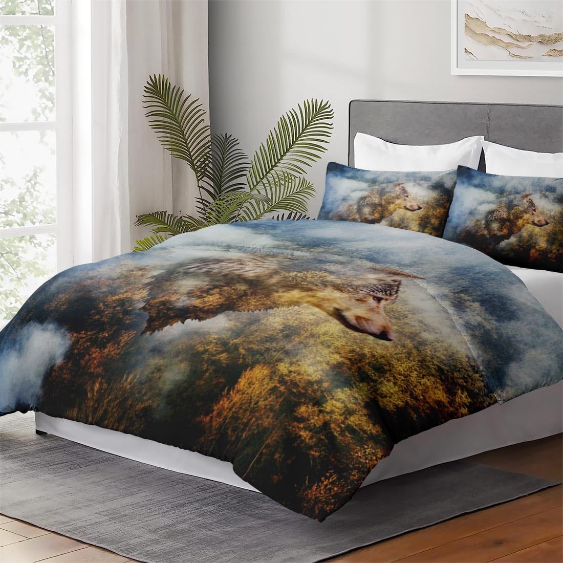 Juego de funda de edredón, juego de ropa de cama dorado con diseño de lobo y animales de otoño para niños y adultos, decoración de dormitorio de