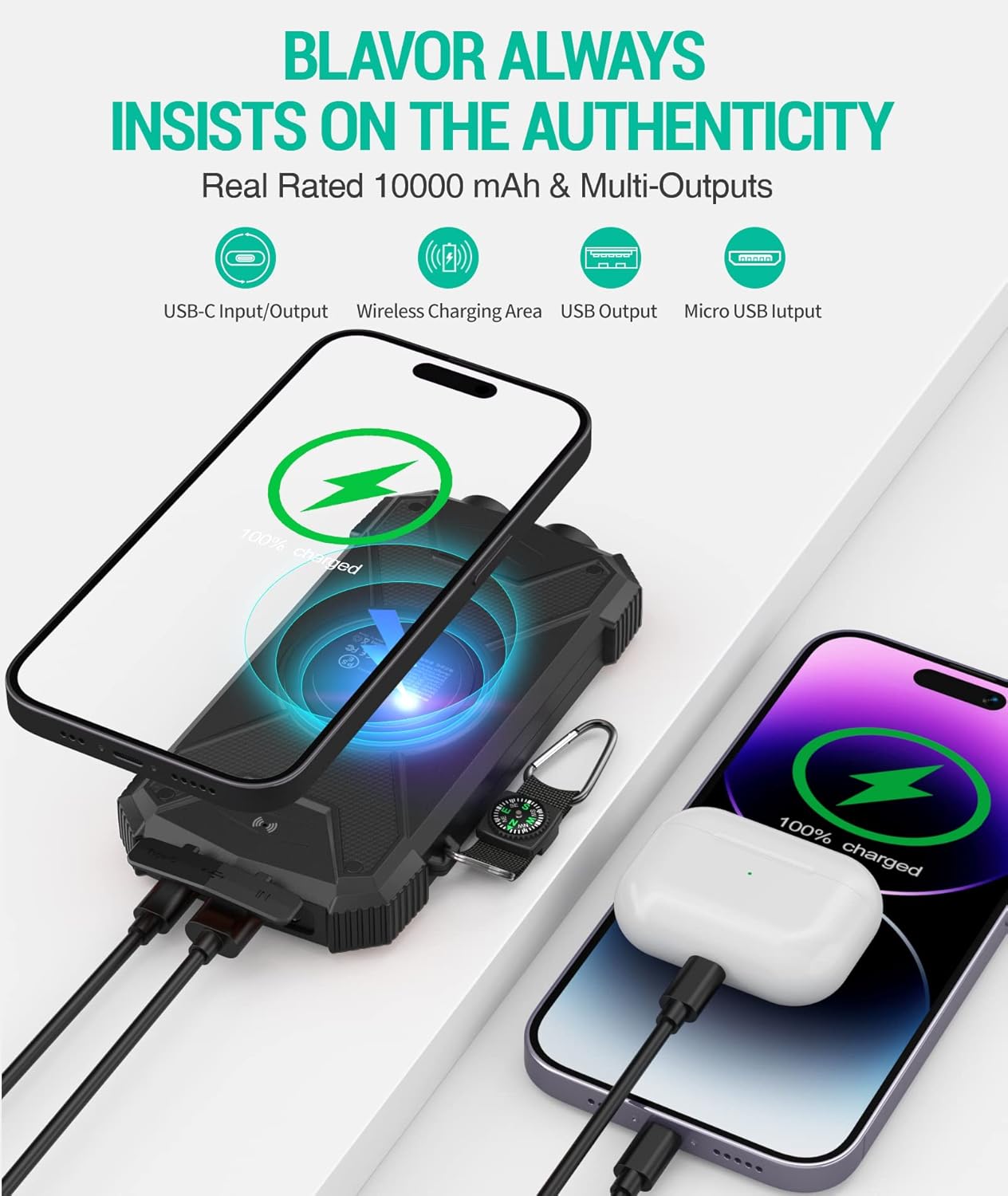 BLAVOR 2 cargadores inalámbricos magnéticos para Apple Watch (negro y blanco) + 1 cargador solar BLAVOR de 10,000 mAh (negro)