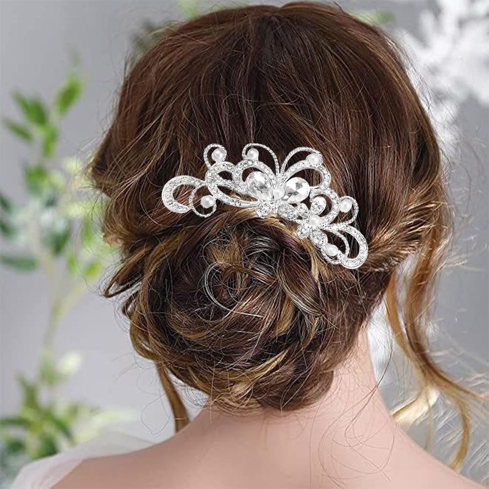 Juego de 16 peines para el cabello de boda, color plateado brillante, perla, mariposa, mariposa, novia, horquilla, peine para el cabello, peine