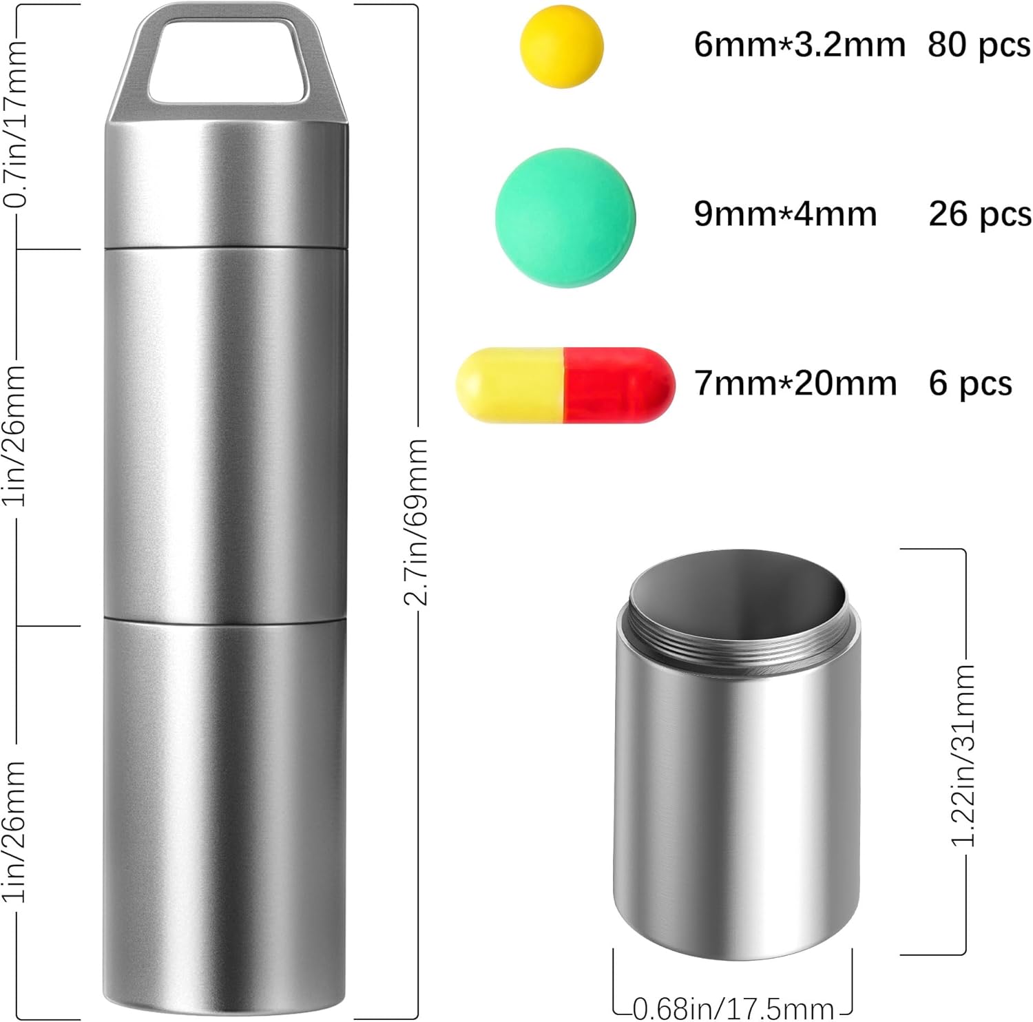 Pastillero pequeño (diseño de 2 compartimentos), llavero portátil de metal para pastilleros, contenedor impermeable para pastilleros, mini