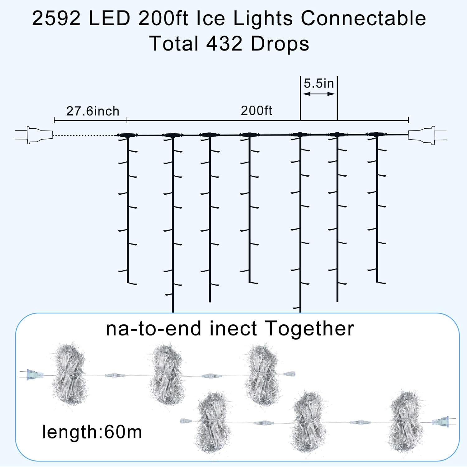 Baquler Luces LED de Navidad de carámbano de 200 pies, decoración al aire libre, 2592 luces LED extralargas parpadeantes, 8 modos, cable
