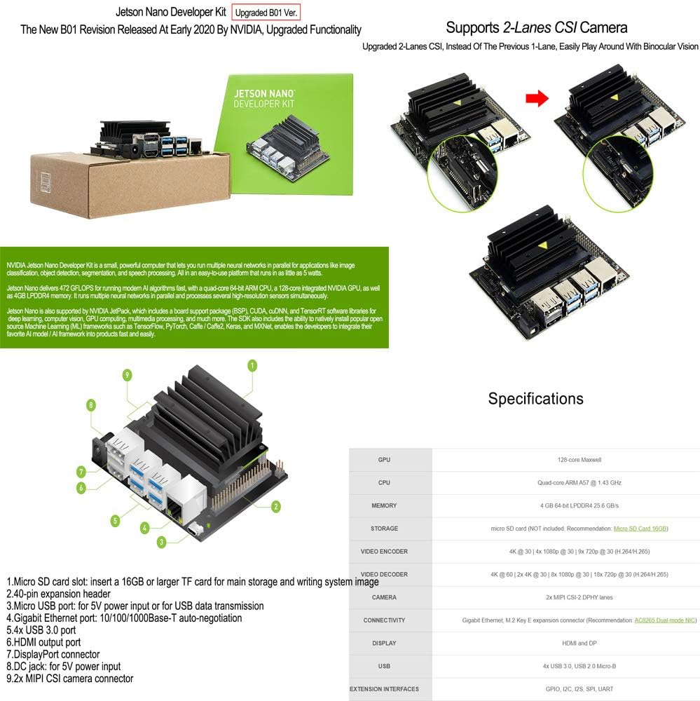 Jetson Nano Developer Kit (B01) Pequeña computadora potente para placa de desarrollo de IA + pantalla LCD IPS táctil HDMI de 7 pulgadas, micro