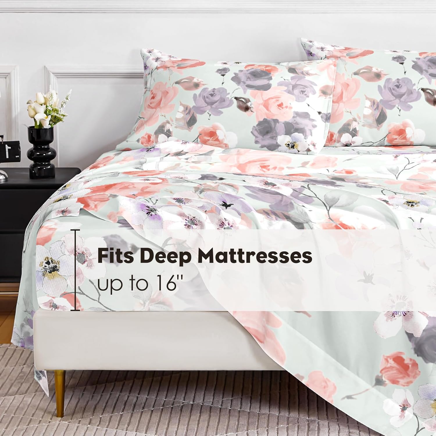 Juego de sábanas Queen  Estampado floral  Sábanas de lujo de microfibra cepillada 1800  Sábanas refrescantes transpirables para cama tamaño Queen