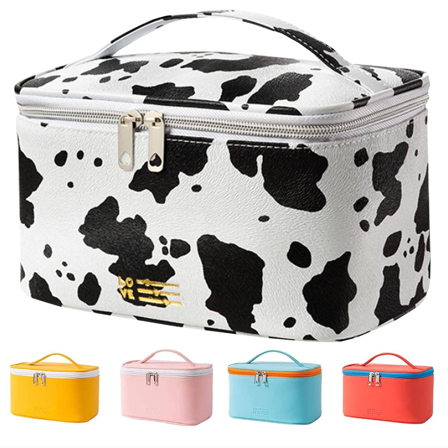 Linda bolsa de maquillaje pequeña para mujeres, bolsa mediana de poliuretano para artículos de aseo, impermeable, organizador (vaca)