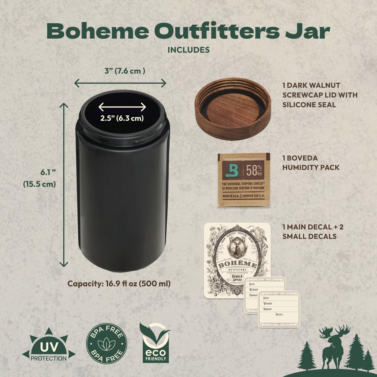Tarro de vidrio hermético de 1 oz para hierbas y especias. Protección UV de vidrio negro con tapa de madera de nogal y paquete de humedad.