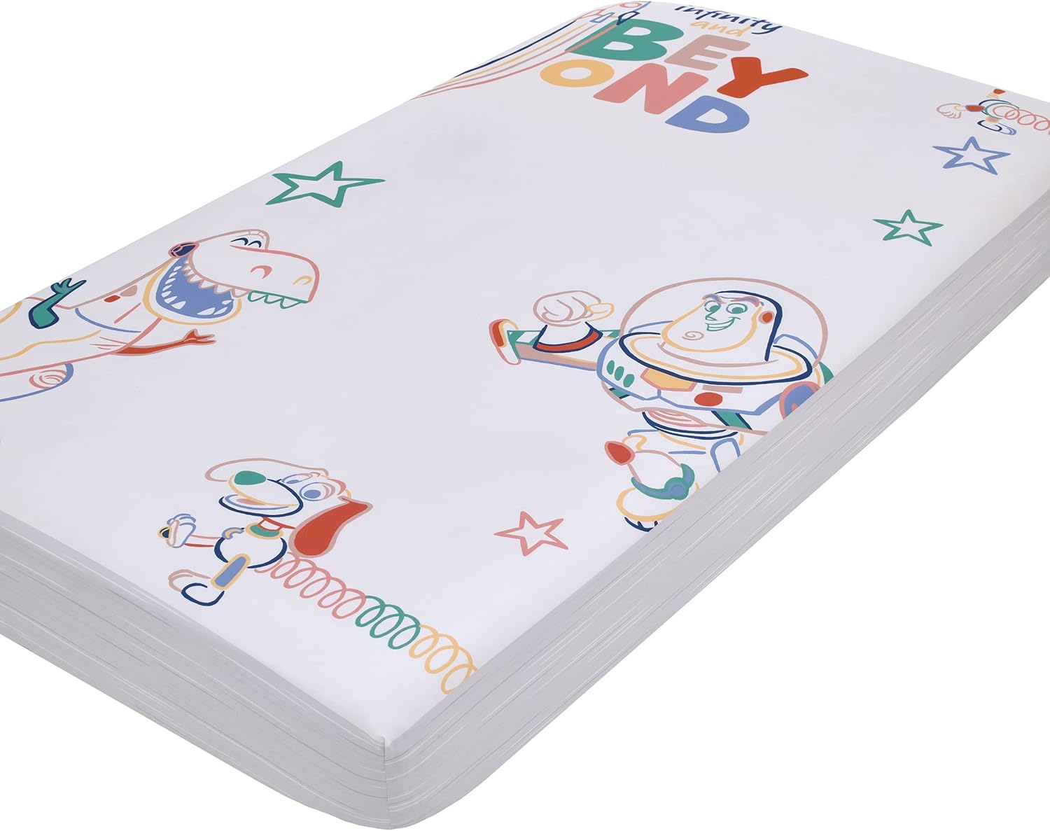 Disney Toy Story – Sábana bajera ajustable para cuna, color verde, rojo, azul y blanco a infinito y más allá