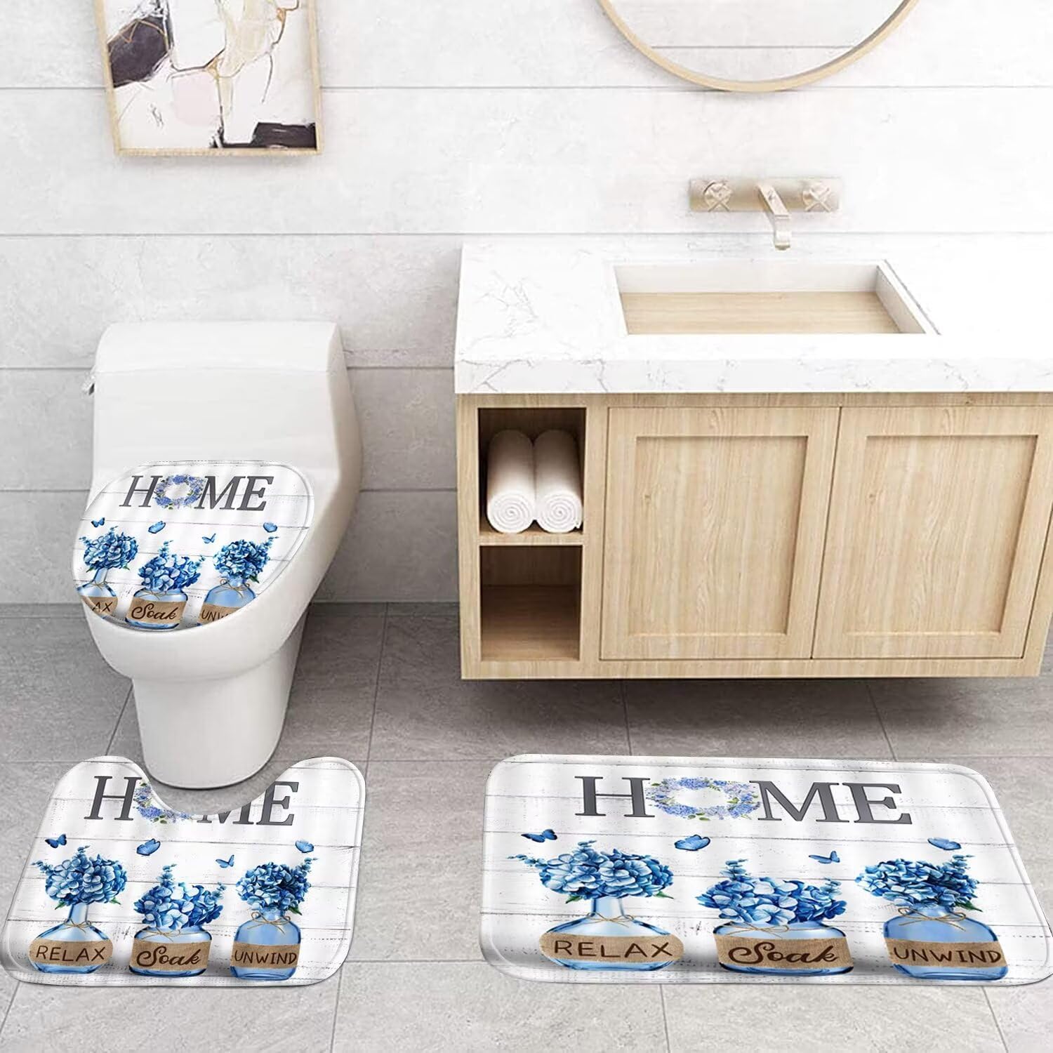 Juego de 4 cortinas de ducha de hortensias azules con alfombras, decoración del hogar, juego de baño con cortina de ducha y alfombras y accesorios,