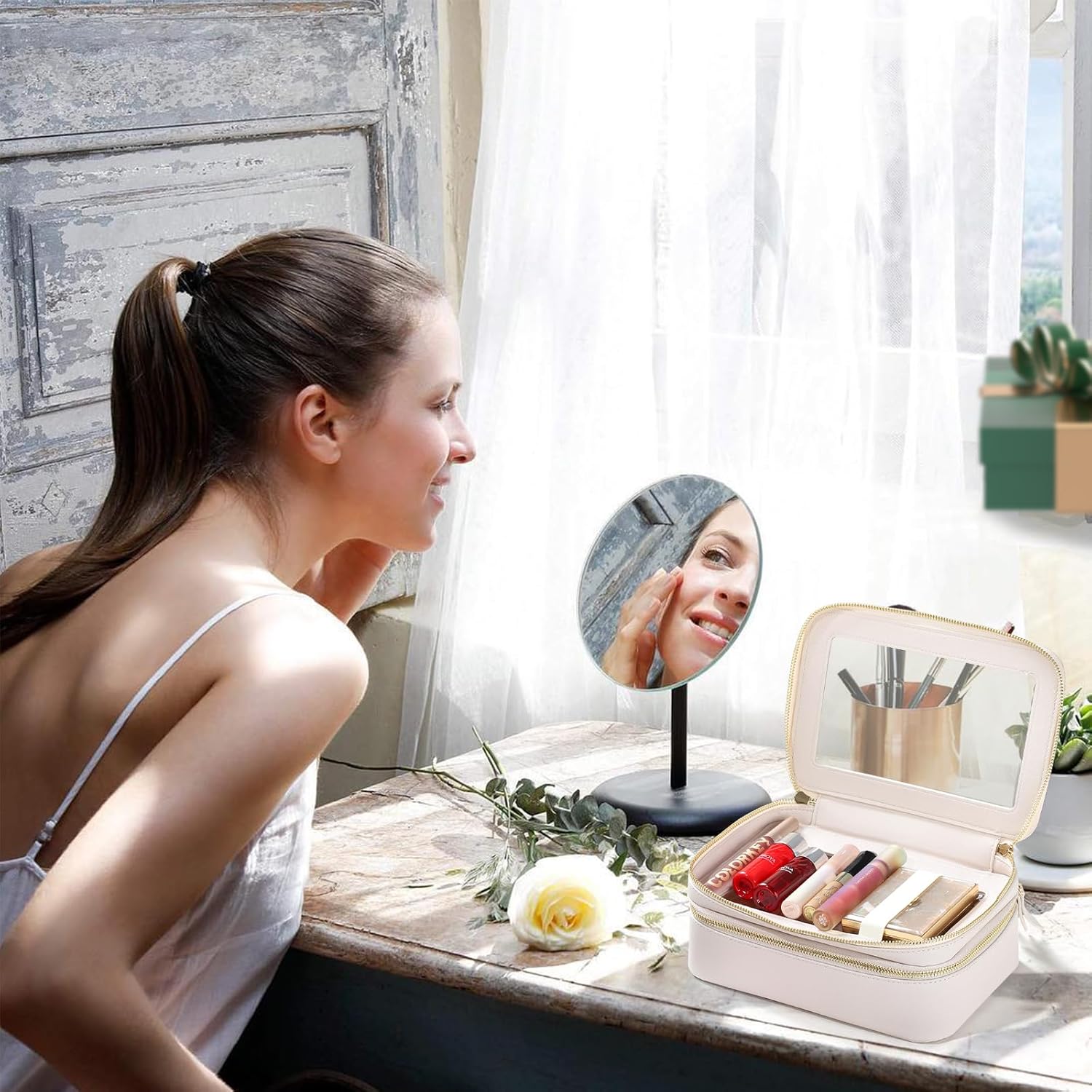 Neceser organizador de maquillaje transparente, doble cremallera, bolsa de cosméticos para viajar con impermeable y gran capacidad, bolsa