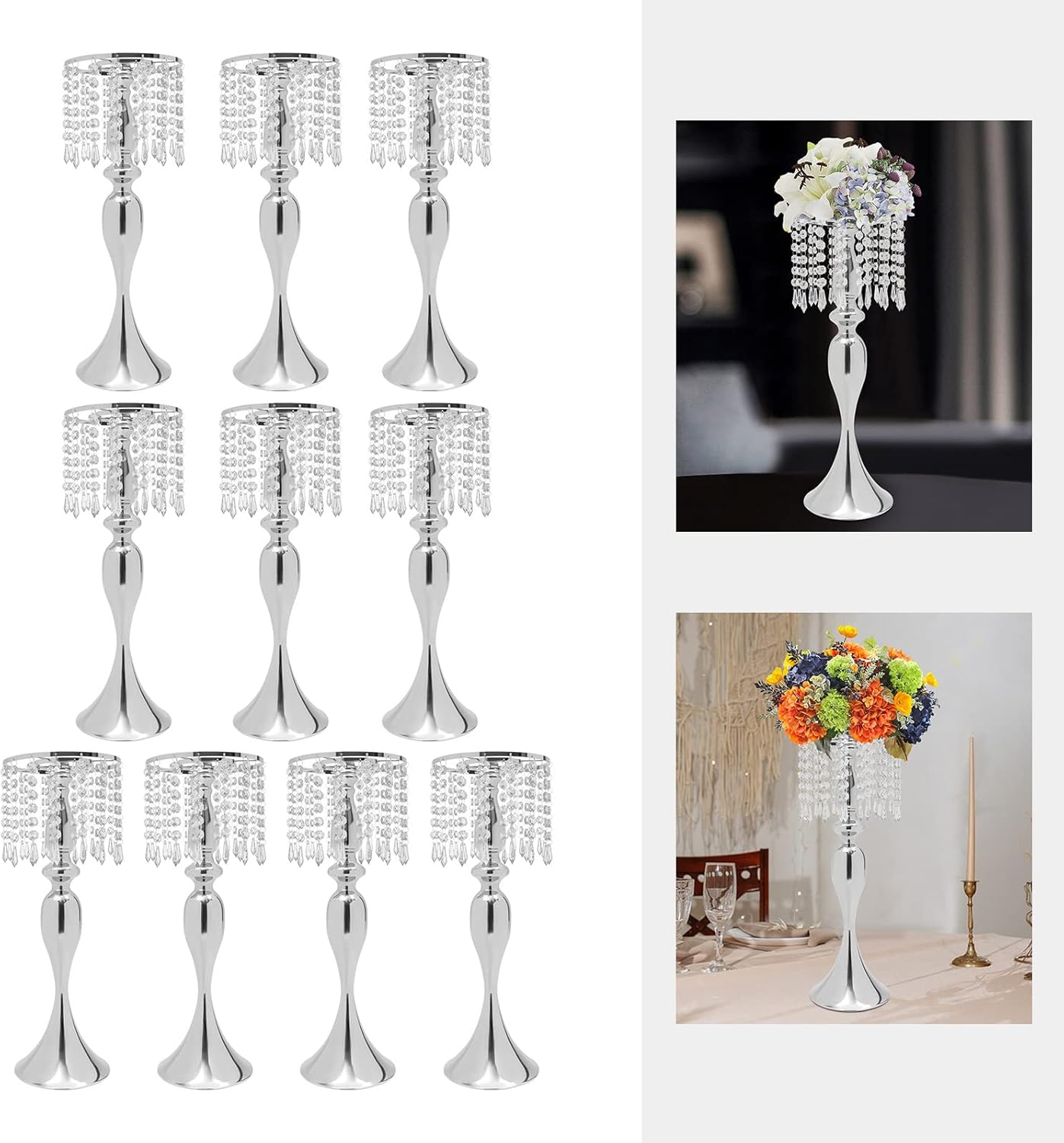 Soporte de flores de cristal plateado, centros de mesa de boda para mesas, 10 piezas de plomo de carretera, jarrón de metal para mesas de recepción,