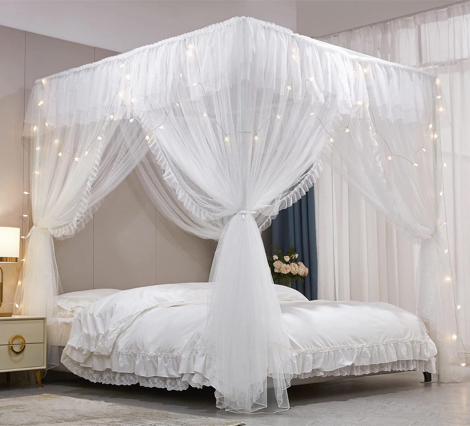 VETHIN Cortina de cama de princesa con volantes de 4 esquinas, doble capa, acogedora red mosquitera de 4 aperturas para niñas y adultos, decoración