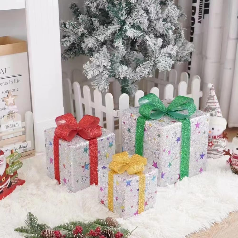 Cajas de regalo iluminadas de Navidad, juego de 3 cajas de decoración de 10 a 8 a 6 pulgadas con lazos y control remoto, funciona con pilas, adorno