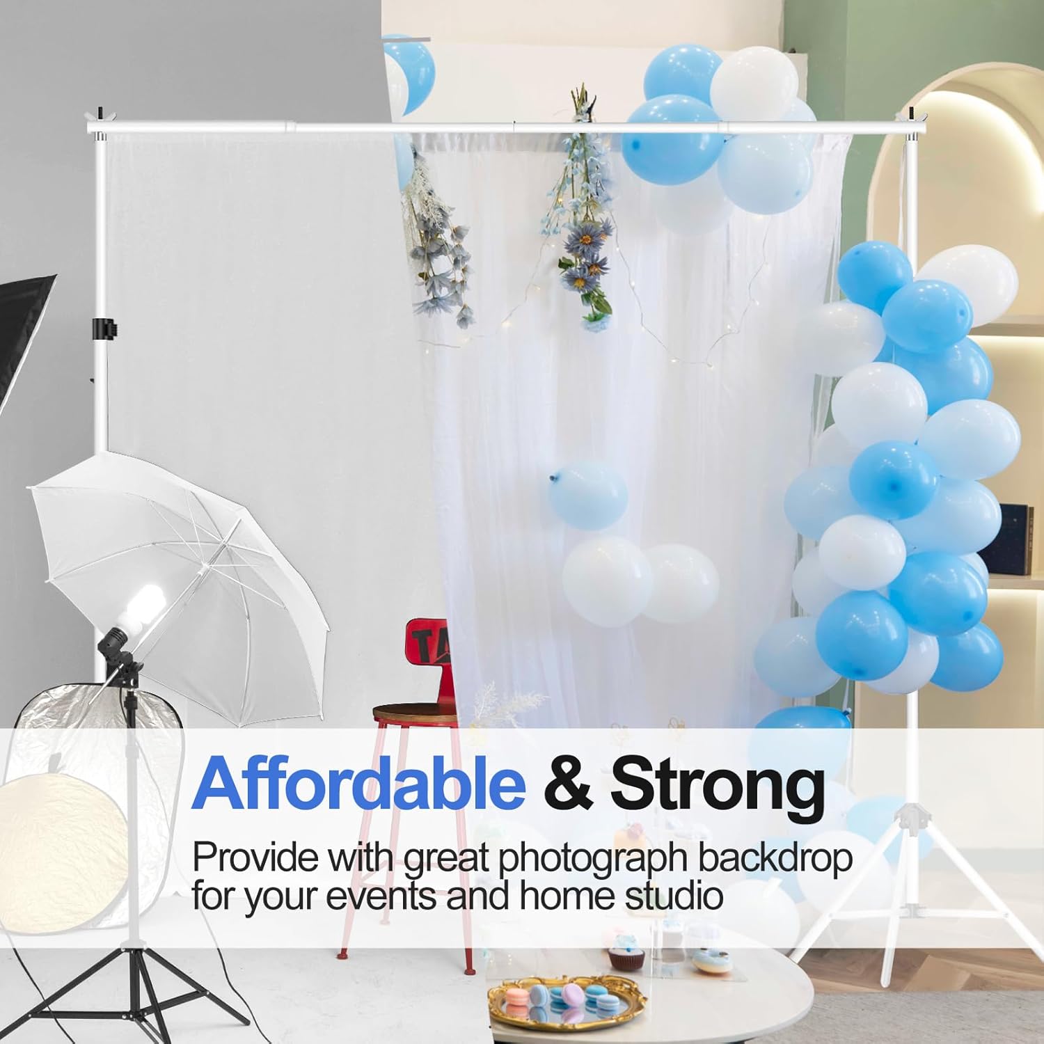 EMART Soporte de fondo ajustable de 10 x 7 pies (ancho x alto) para estudio fotográfico con 2 barras transversales, 8 abrazaderas de telón de fondo,
