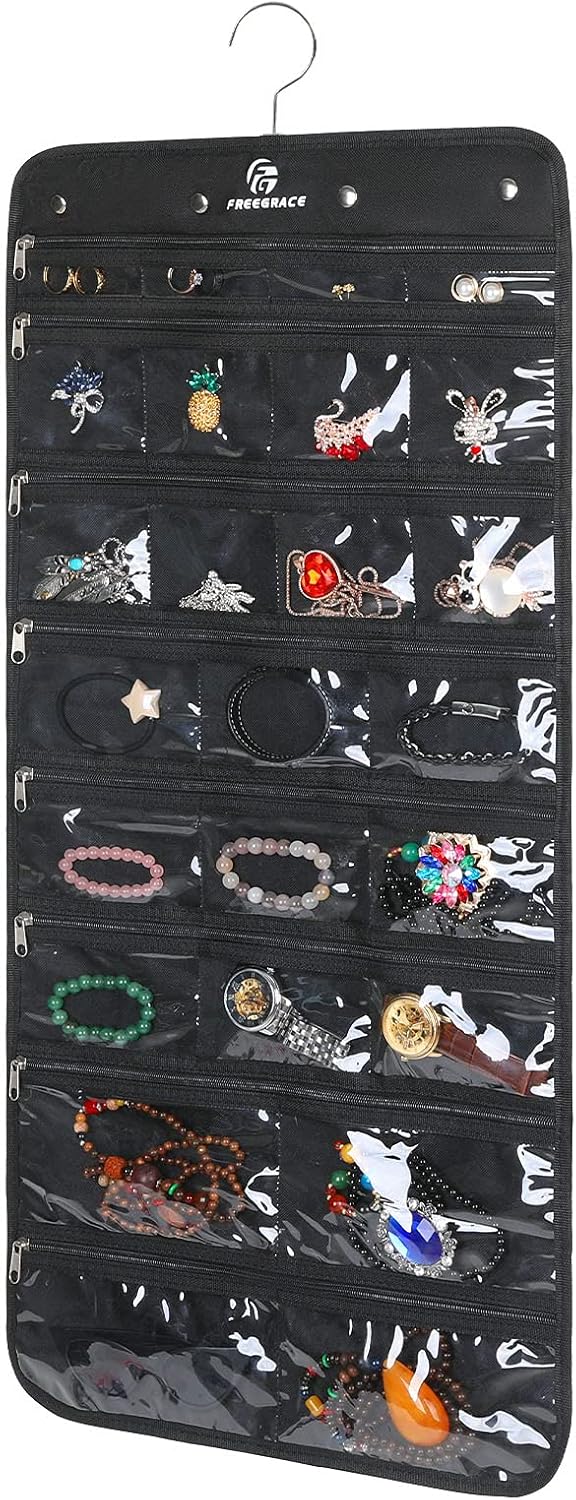Organizador de joyas colgante giratorio con cierre de cremallera seguro, 50 bolsillos, solución de almacenamiento y exhibición plegable, para todas