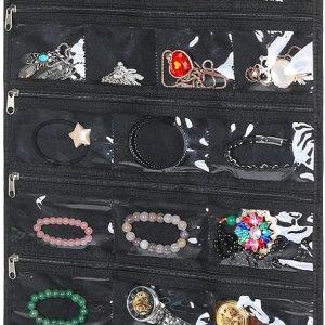 Organizador de joyas colgante giratorio con cierre de cremallera seguro, 50 bolsillos, solución de almacenamiento y exhibición plegable, para todas Organizador de joyas colgante giratorio con cierre de cremallera seguro, 50 bolsillos, solución de almacenamiento y exhibición plegable, para todas