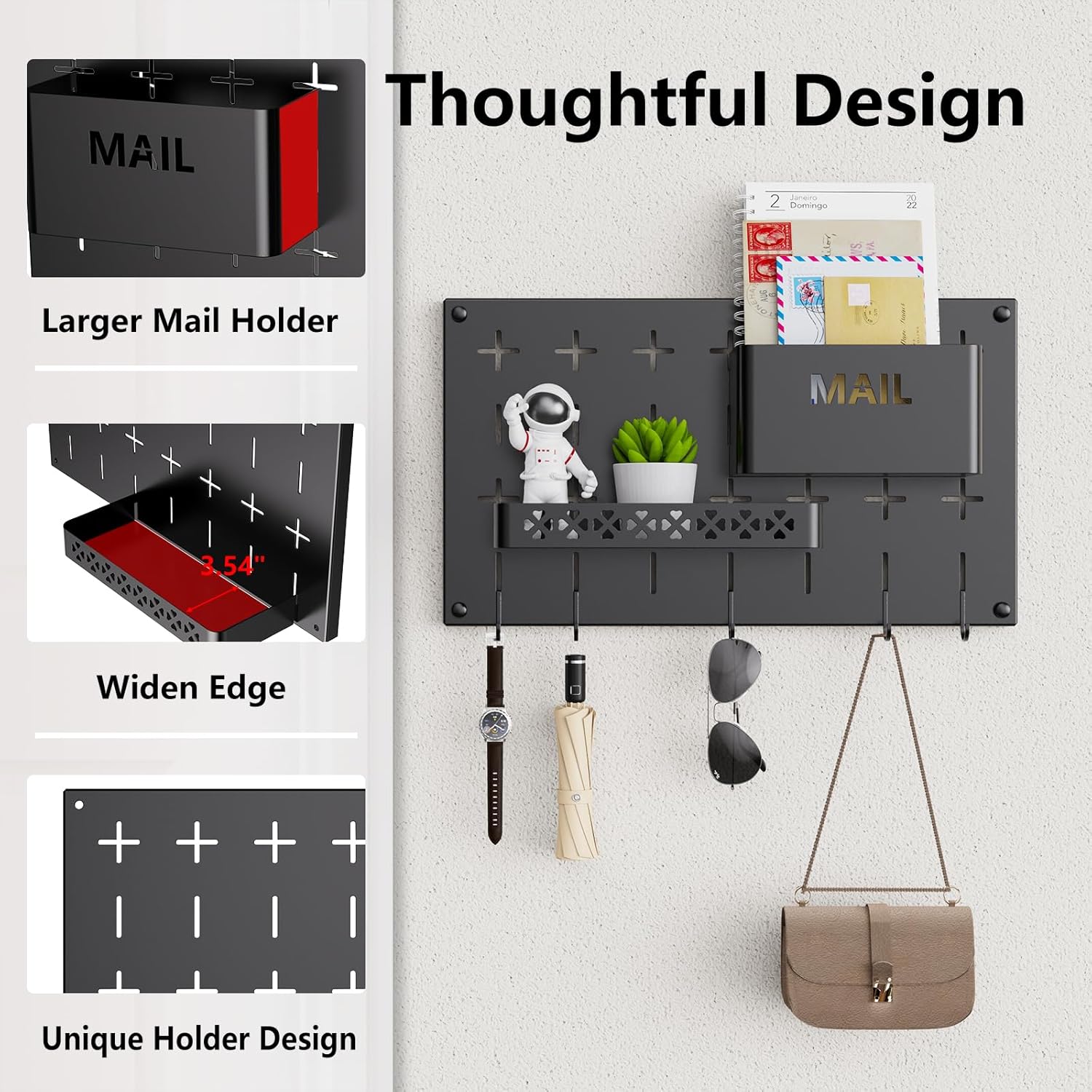 Soporte para llaves y correo para pared, organizador de correo de bricolaje con 5 ganchos para llaves, soporte decorativo colgante para llaves con