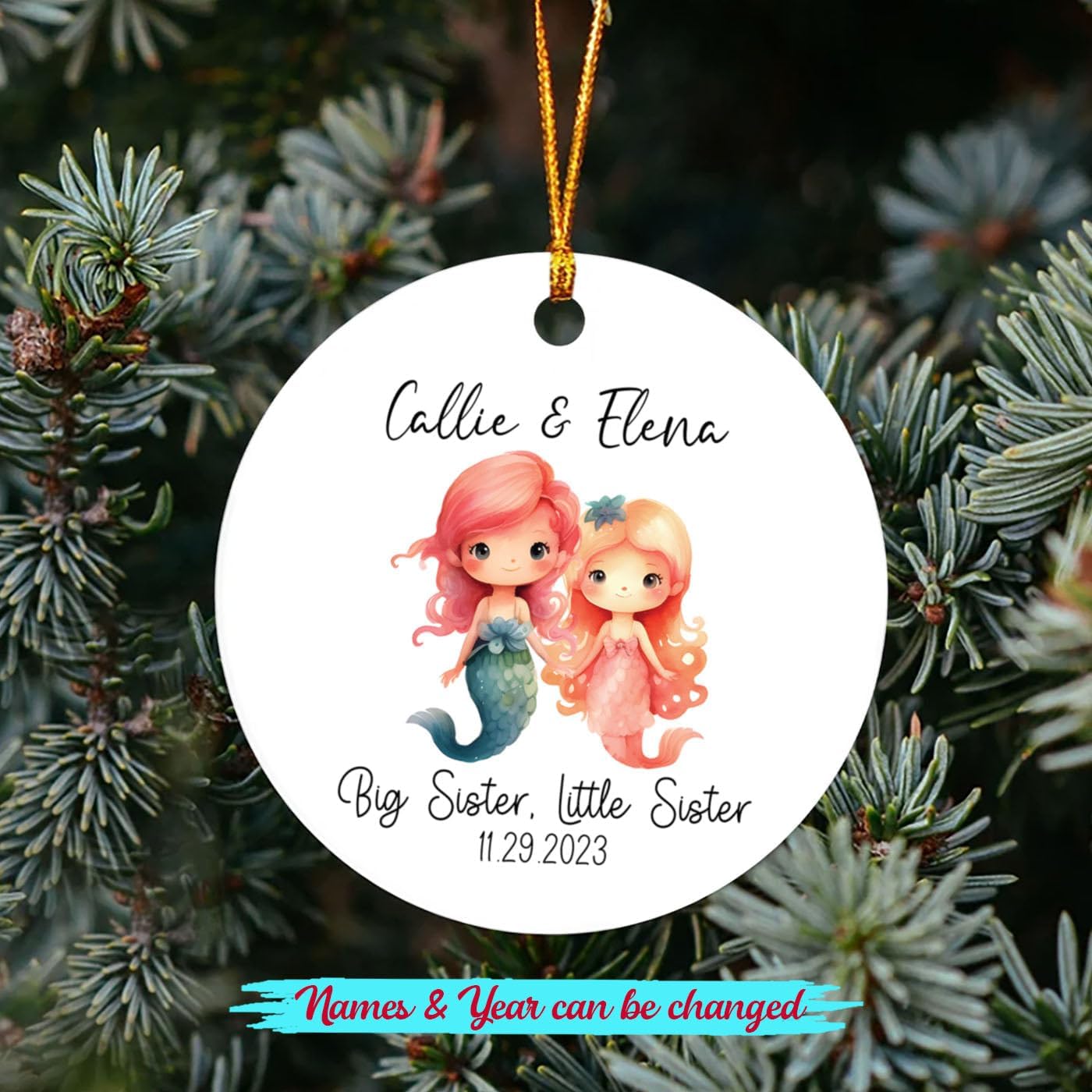 Adorno de Navidad personalizado para hermana mayor, hermana pequeña, sirena, árbol de Navidad, regalo con nombres y fecha personalizados, adornos de