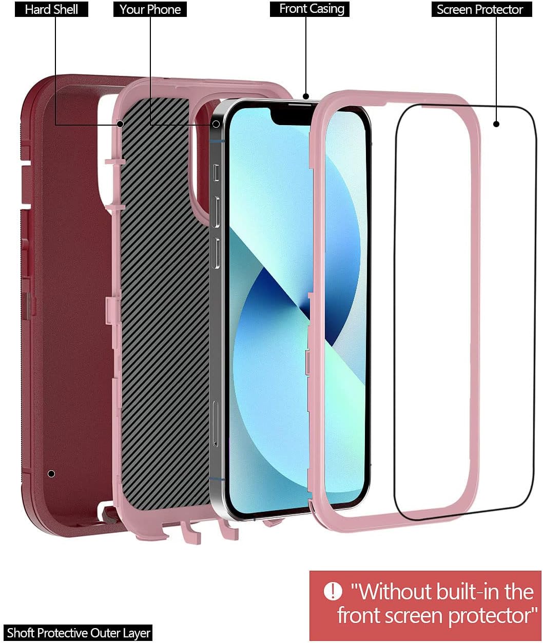 DHCALL Funda para iPhone 13 (6.1 pulgadas), con 2 protectores de pantalla de vidrio templado + 2 protectores de lente de cámara protección contra