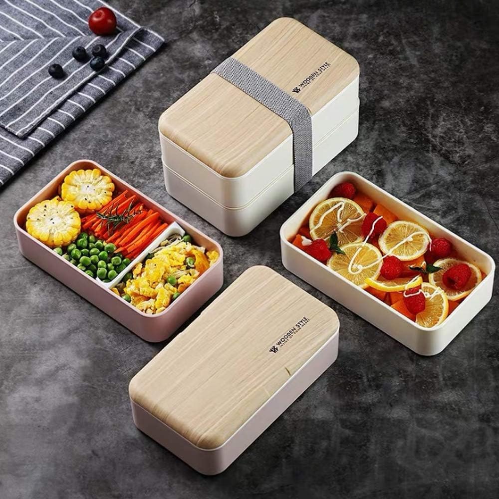 Lonchera Bento original estilo japonés de 2 capas con utensilios, cuchara y tenedor, divisor para ensalada para hombres y mujeres (blanco)
