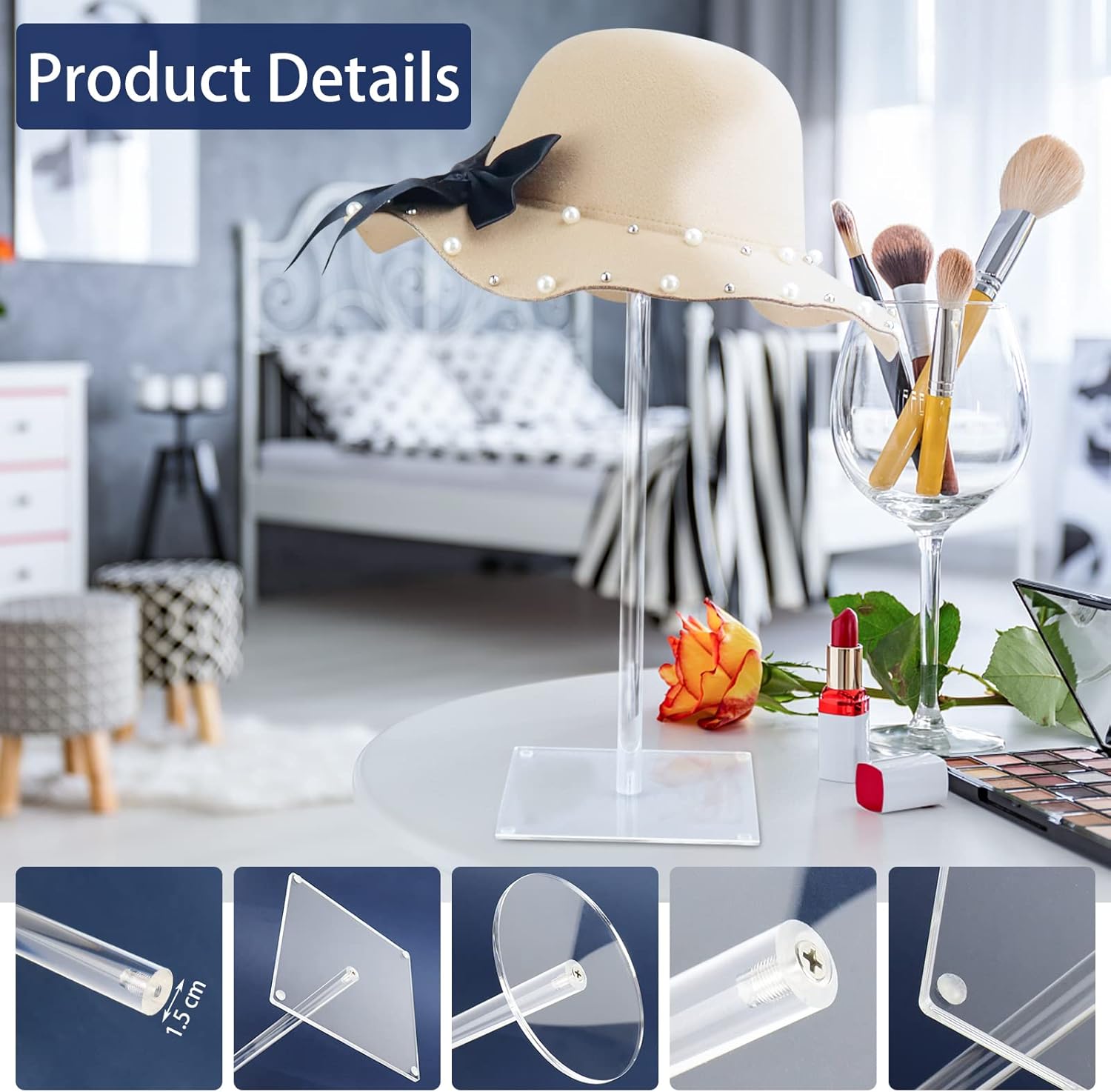 Soporte de acrílico para sombreros y pelucas, 2 soportes transparentes de 17 pulgadas para sombreros, soporte para sombreros de altura ajustable,