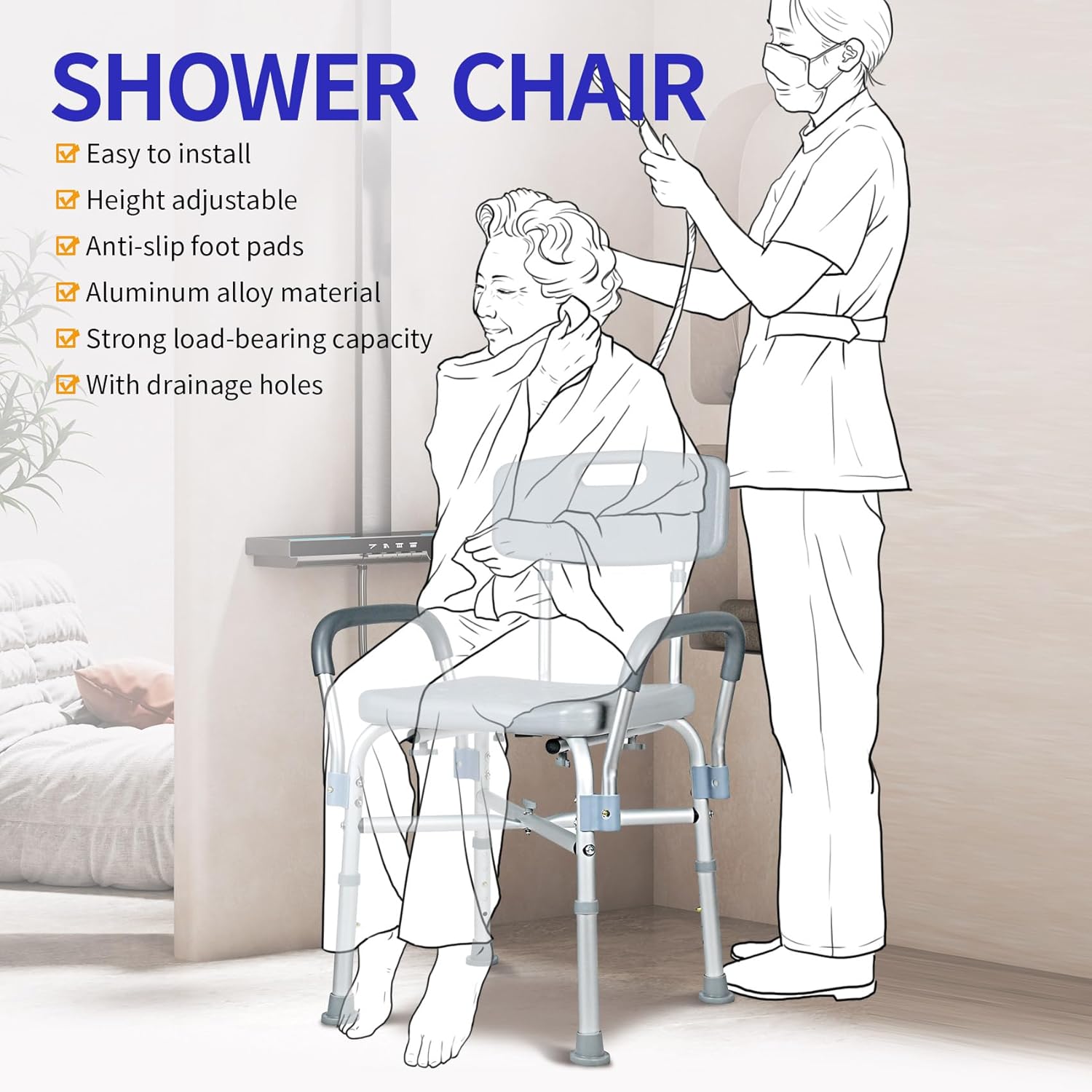 UNICOO Silla de ducha con respaldo, silla de bañera plegable con brazos y agujeros de drenaje para personas mayores discapacitadas, adultos,