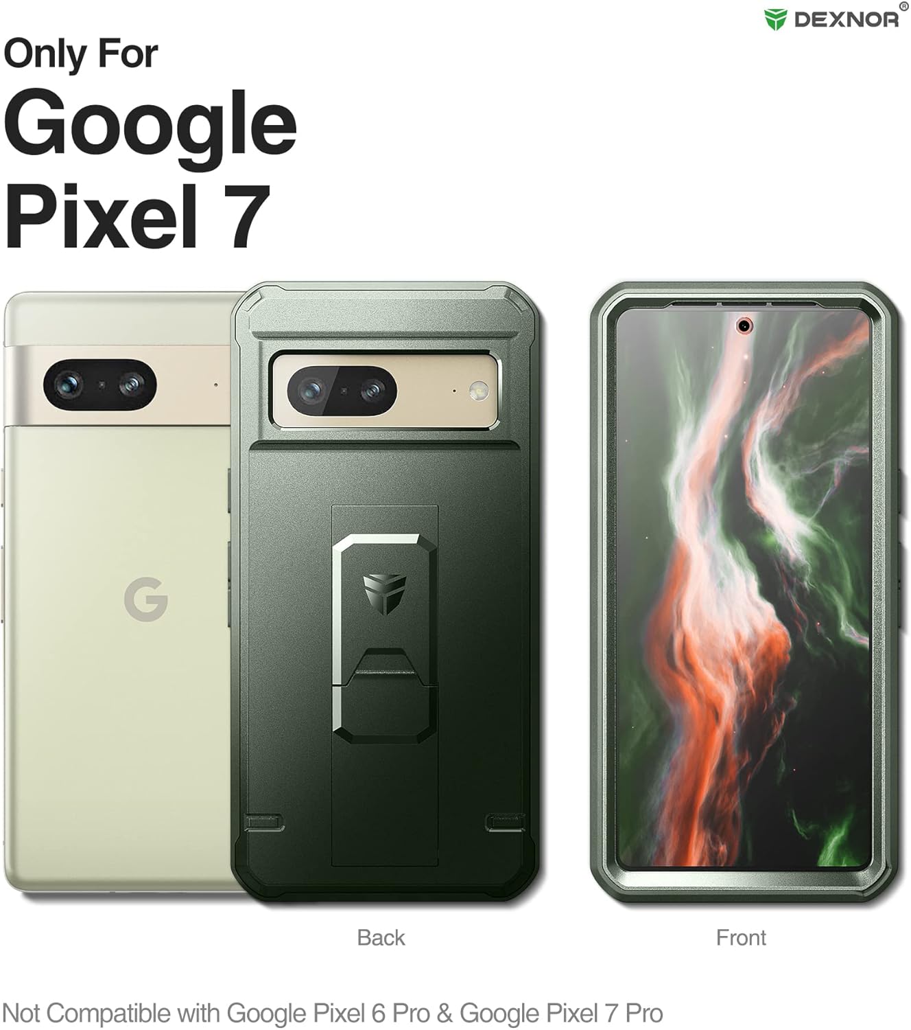 Dexnor Funda de cuerpo completo para Google Pixel 7, protector de pantalla y soporte integrados resistente protección de grado militar a prueba de
