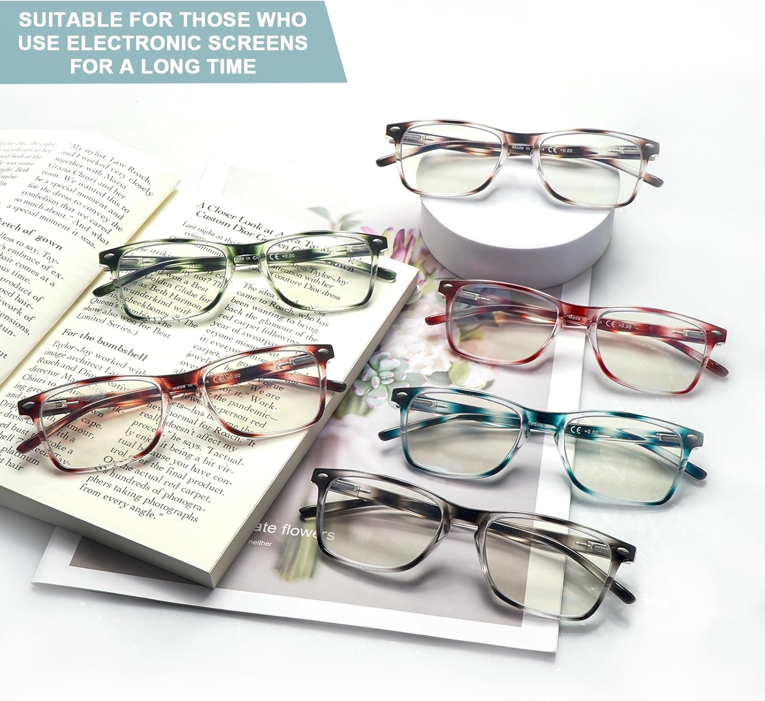 VIDEBLA Gafas de lectura para mujer, paquete de 6 unidades, con bloqueo de luz azul, bisagra de resorte, patrón ligero, con estampado para mujeres y